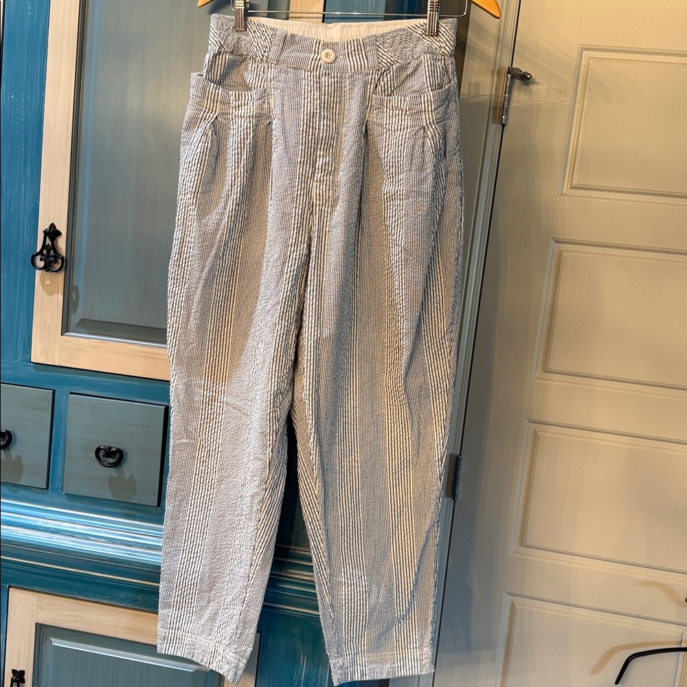Free People Women’s Seersucker Pants in Beige and Blue Stripe